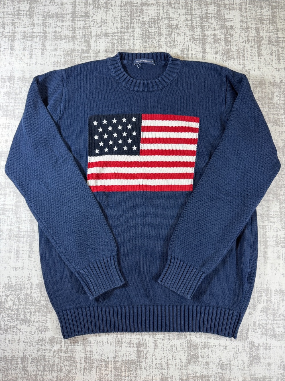 Brandy Melville Navy Crewneck Sweater with American Flag Size L 25.5x20